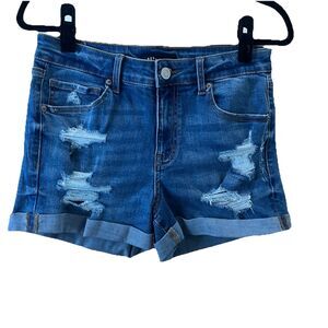 Aero Womens Shorts 8 Blue High Rise Midi Cuffed Distressed Medium Wash Denim